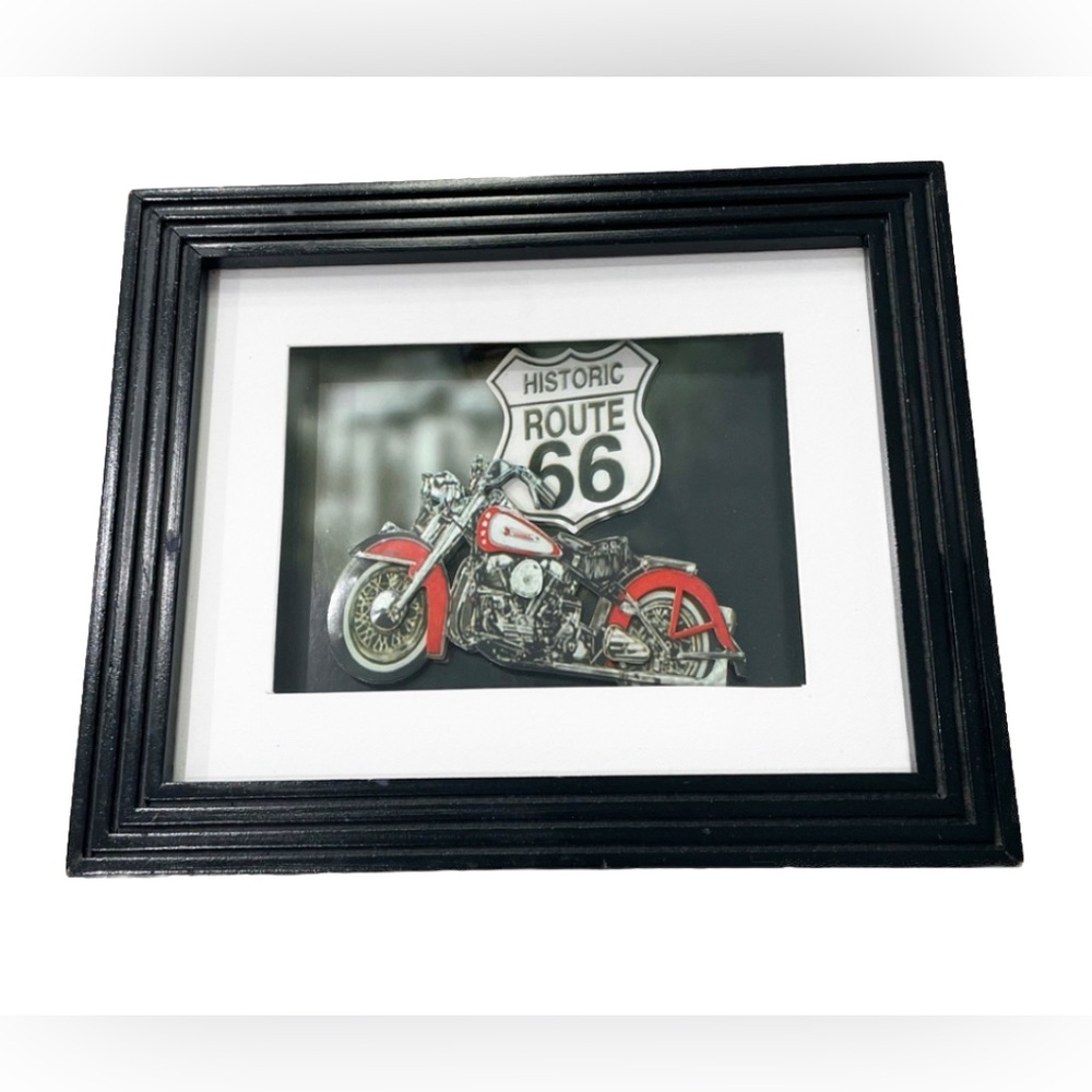 Route 66 Motorcycle Wall Art Black Frame Vintage Style Decor Man Cave Garage Bar